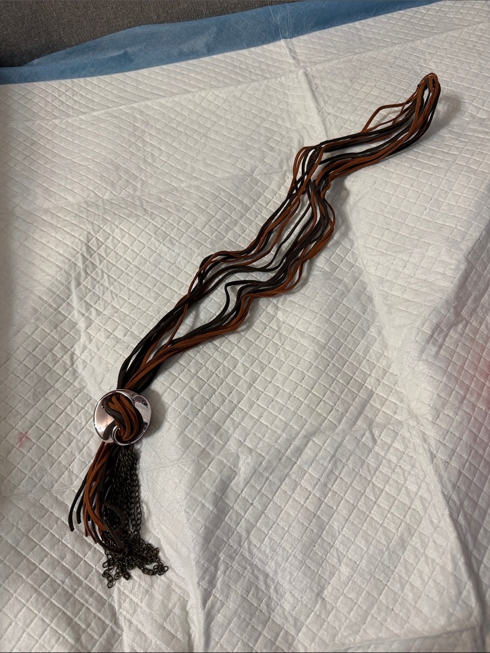Multi-Strand Brown & Black Leather Necklace with Silver-Tone Pendant